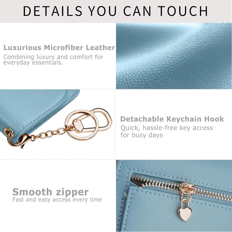 Sunpour Women Small Wallet RFID Blocking Slim Wallet with Coin Pocket Tri-Fold Credit Card Holder with ID Window and Keychain (Blue) - Image 5